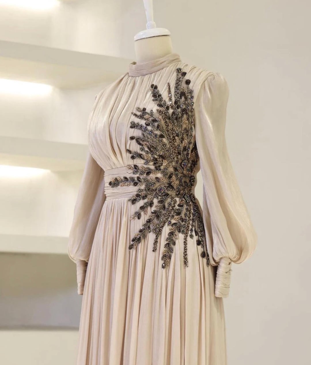 Muslim Green Satin Evening Dresses Gowns 2025 Beaded A-Line For Women Wedding Party LA71252 main image 1