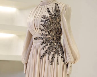 Handmade Satin Evening Dress: Beaded Sequin Islamic Gown