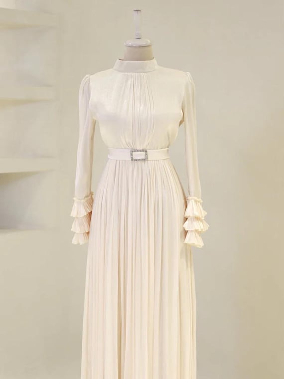 Satin Pleated Evening Dress: Long Sleeve Hijab Gown with Beaded Sequins Satin Pleated Evening Dress: Long Sleeve Hijab Gown with Beaded Sequins