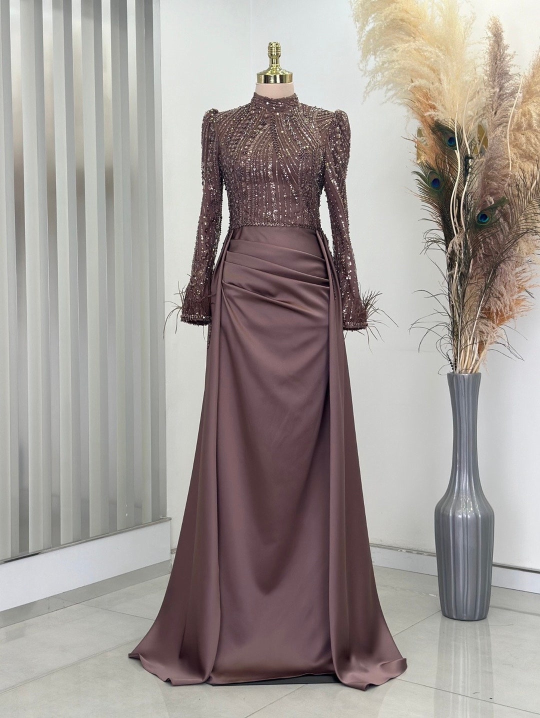 Vestido de noche modesto rosa empolvado: elegante vestido musulmán de manga  larga para ocasiones México