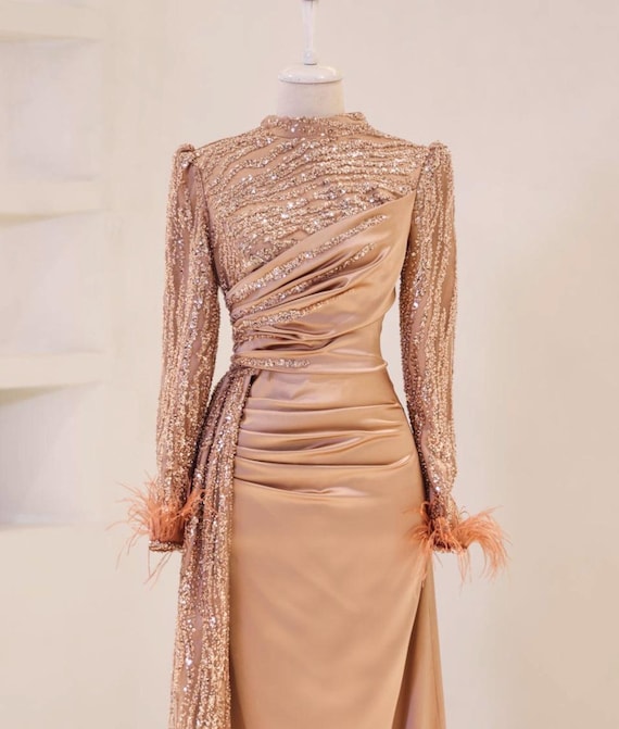 Modest Evening Dress, Sequin Satin Gown, Long Sleeve Hijab Dress, Feather Cuff Abaya, Islamic Wedding Outfit, Special Occasion Dress - Etsy Australia Modest Evening Dress, Sequin Satin Gown, Long Sleeve Hijab Dress, Feather Cuff Abaya, Islamic Wedding Outfit, Special Occasion Dress - Etsy Australia