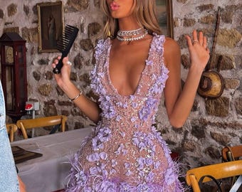 3D Floral Beaded Mini Dress: Luxury Feather Party Gown