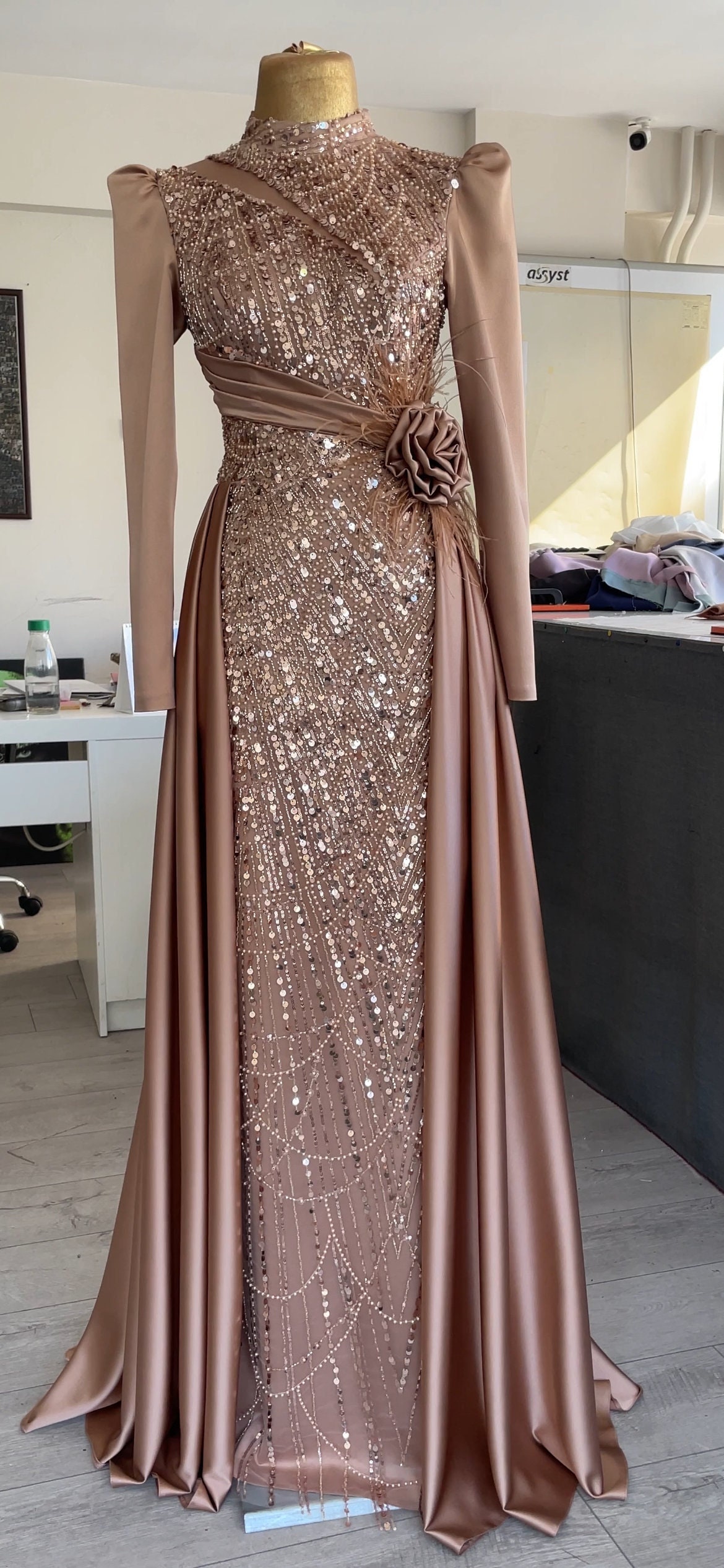 Handmade Satin Sequin Evening Dress: Islamic Prom Dress