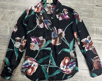 Vintage 70s Black Semi-sheer Floral Secretary Blouse By Stuart Lang