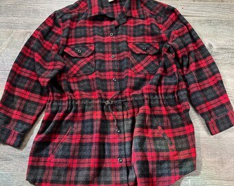 Vintage 90s Red Gray & Black Plaid Wool Blend Grunge Flannel Shirt Jacket With Drawstring Adjustable By St. John’s Bay.