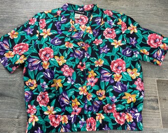 Vintage 80s Tropical Short Sleeve Crinkly Windbreaker Floral Fabric Button Front Size 10