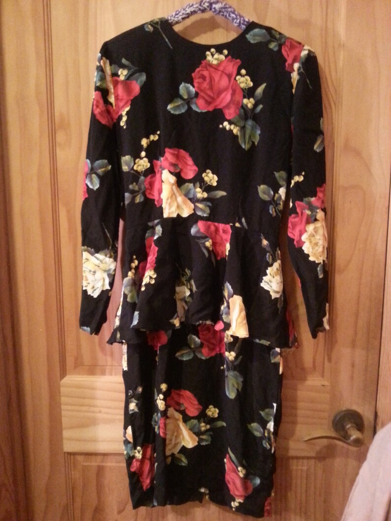 Vintage 80s 90s Floral Print Roses Romantic Peplum Long Sleeve Black Dress Size