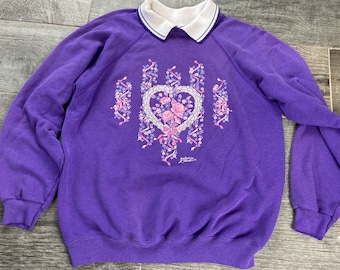 Vintage 80s Purple Polo Shirt Collared Heart And Ribbons Floral Themed Sweatshirt