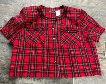 Vintage 80s Goth Punk Red Plaid Button Front Tartan Short Sleeve Blouse Size 14