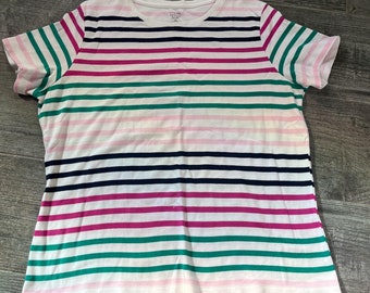 Vintage 90s Pink Fuchsia Green Navy And White Horizontal Striped Super Soft Crewneck Short Sleeve T-shirt