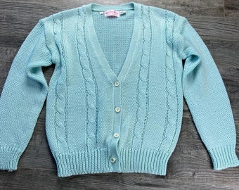 Vintage 80s Seafoam Green V-neck Cable Knit Cardigan Sweater