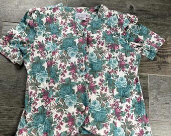 Vintage 80s Teal Rose Floral Cottagecore Pointelle Knit Scalloped Button Front Knit Top Blouse By Pablo Collection Size 14