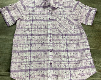 Vintage 80s purple floral and plaid short sleeve blouse size medium