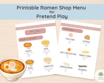 Menú imprimible de tienda de ramen para juegos de simulación y juegos de rol para niños.