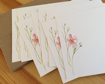 Watercolor Wildflower Flat Note Stationery Set - Water Buttercup Pink Flowers Note Cards - Botanical Cards - Set of 8