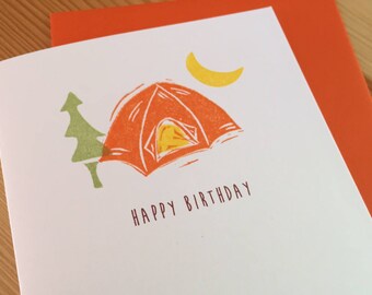 Happy Birthday Camping Card - Camper Tent Birthday Card - Hand Printed Birthday Card