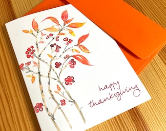Happy Thanksgiving Leaves and Berries Greeting Card - Watercolor Red Chokeberry Thanksgiving Card - Fall Foliage Thanksgiving Card