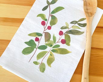 Botanical Tea Towel | Watercolor Berries & Leaves Kitchen Decor