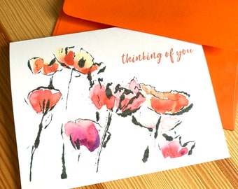 Thinking of You Watercolor Poppies Greeting Card - Monoprint Poppies Note Card - Botanical Watercolor Greeting Card