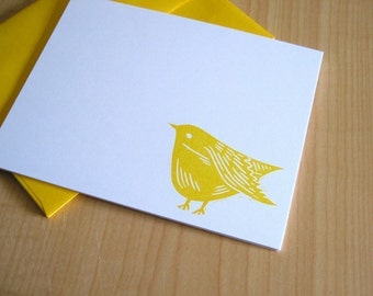 Sweet Yellow Bird - Yellow Bird Stationery - Bird Note Cards - Hand Printed Flat Notes - Set of 6