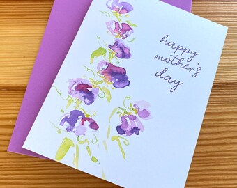 Floral Mother's Day Card - Watercolor Purple Sweet Pea Mother's Day Card - Happy Mother's Day Note Card