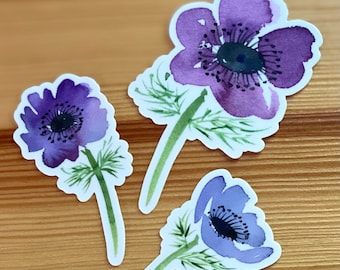 Anemone Vinyl Stickers - Watercolor Flower Decal Stickers - Set of 3 - Die Cut Durable Weatherproof Laptop Cell Phone Water Bottle Sticker