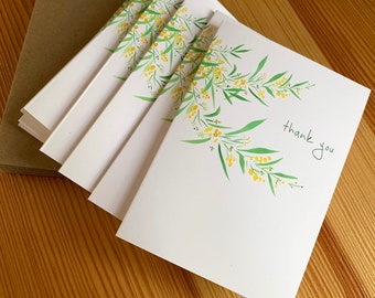 Acacia Tree Thank You Note Cards - Watercolor Floral Mimosa Boxed Thank You Cards - Botanical Thank You Notes - Box of 8