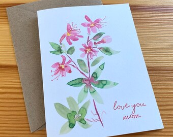 Floral Mother's Day Card - Watercolor Mountain Azalea Mother's Day Card - Love You Mom Note Card