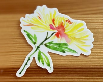 Fuji Chrysanthemum Vinyl Sticker | Watercolor Yellow Flower Decal | Die Cut Durable Weatherproof Sticker