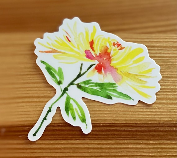 Fuji Chrysanthemum Vinyl Sticker | Watercolor Yellow Flower Decal | Die Cut Durable Weatherproof Sticker