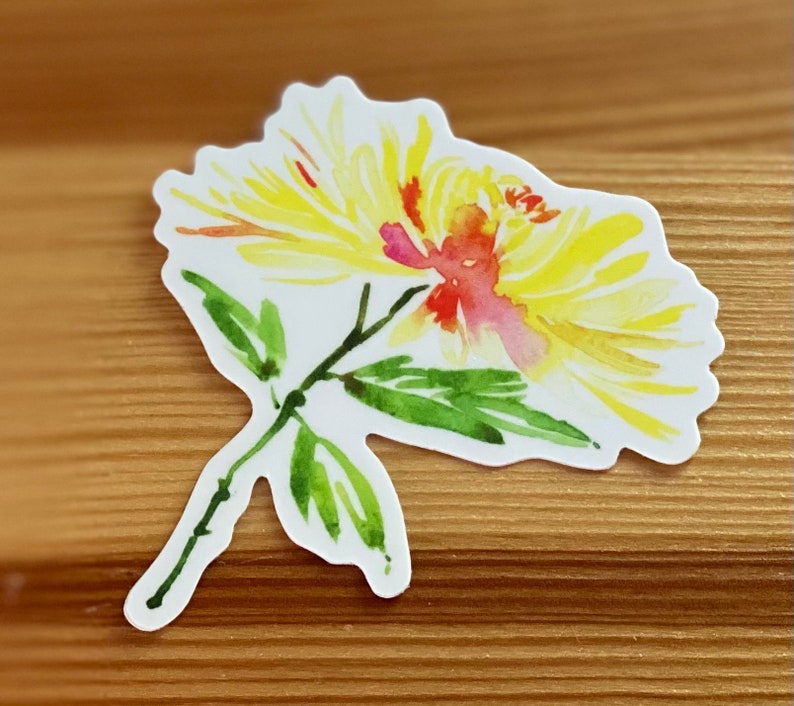 以下が含まれることがあります： 赤とピンクのアクセントが付いた黄色の花の水彩画。花は白い背景の上にあります。