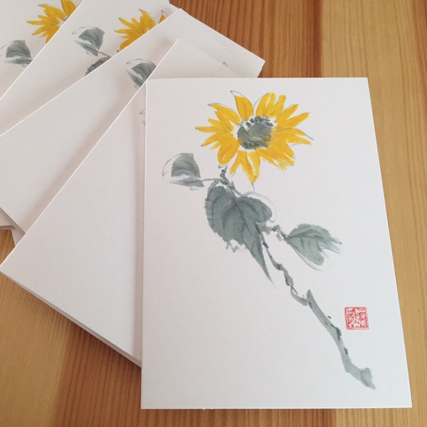 Chinese Brush Watercolor Sunflower Note Cards - Boxed Blank Floral Note Cards - Box Set of 8