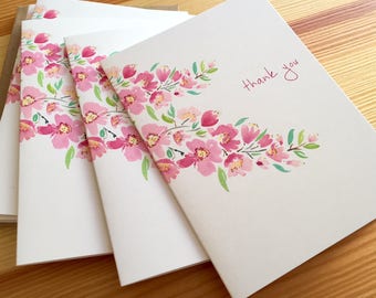 Cherry Blossoms Thank You Note Cards - Watercolor Floral Boxed Thank You Cards - Pink Flower Cards - Box of 8