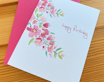 Floral Watercolor Birthday Card - Watercolor Cherry Blossoms Happy Birthday Card - Botanical Watercolor Greeting Card