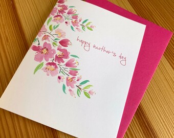 Floral Watercolor Mother's Day Card - Watercolor Cherry Blossoms Mother's Day Card - Florals Mom Card - Botanical Watercolor Greeting Card