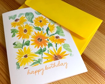 Sunflowers Watercolor Happy Birthday Card - Watercolor Flower Birthday Card - Yellow Floral Watercolor Greeting Card