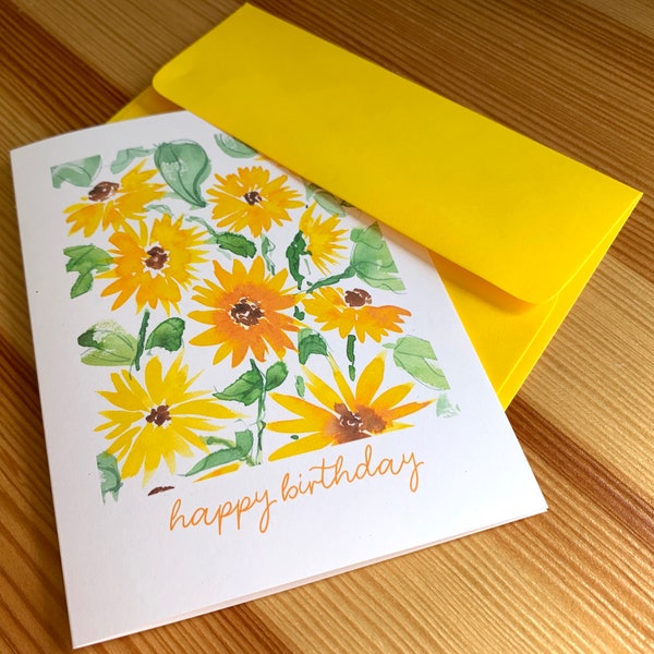 Sunflowers Watercolor Happy Birthday Card - Watercolor Flower Birthday Card - Yellow Floral Watercolor Greeting Card