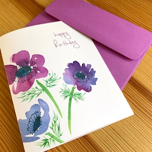 Watercolor Anemone Happy Birthday Card: Floral Note Card