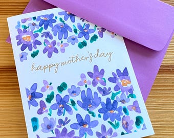 Tarjeta del Día de la Madre / Tarjeta del Día de la Madre con Flores de Acuarela / Tarjeta con Flores Moradas