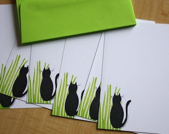 Hand Printed Black Cat Stationery | Cat and Grass Flat Note Cards | Cat Lover Gift | Set of 6