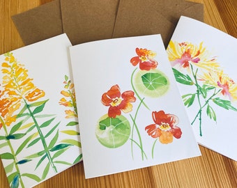 3 Floral Watercolor Blank Note Cards  - Snapdragon Nasturtium Chrysanthemum Flower Cards - Yellow Flower Note Cards - Set of 3