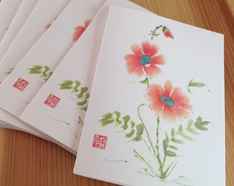 Chinese Brush Watercolor Poppy Note Cards - Boxed Blank Floral Note Cards - Box of 8