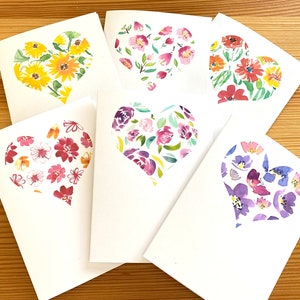 Watercolor Floral Heart Note Cards: Valentine, Anniversary, Love (Set of 6)