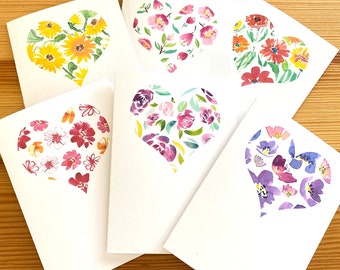 6 Watercolor Floral Heart Love Note Cards - Flower Heart Valentine Anniversary Love Blank Note Cards - Variety Note Card Set