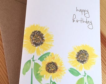 Watercolor Sunflower Happy Birthday Card - Yellow Floral Birthday Card