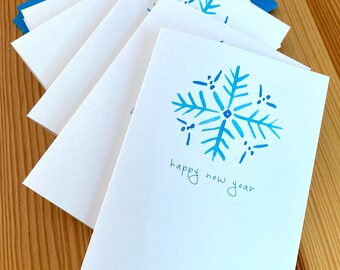 Happy New Year Snowflake Cards - Watercolor Winter New Year Cards - Winter Holiday Note Cards - Set of 8