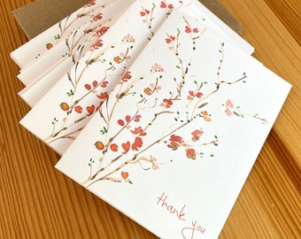 Watercolor Floral Quince Thank You Cards - Botanical Note Card Set - Box of 8