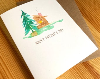 Log Cabin Watercolor Father's Day Card - Happy Father's Day Outdoors Card - Lake Cabin Dad Card - Nature Dad Card