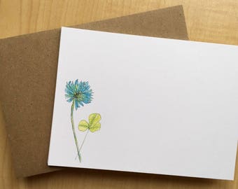 Watercolor Blue Clover Stationery - Botanical Wildflower Note Card Set - Set of 8