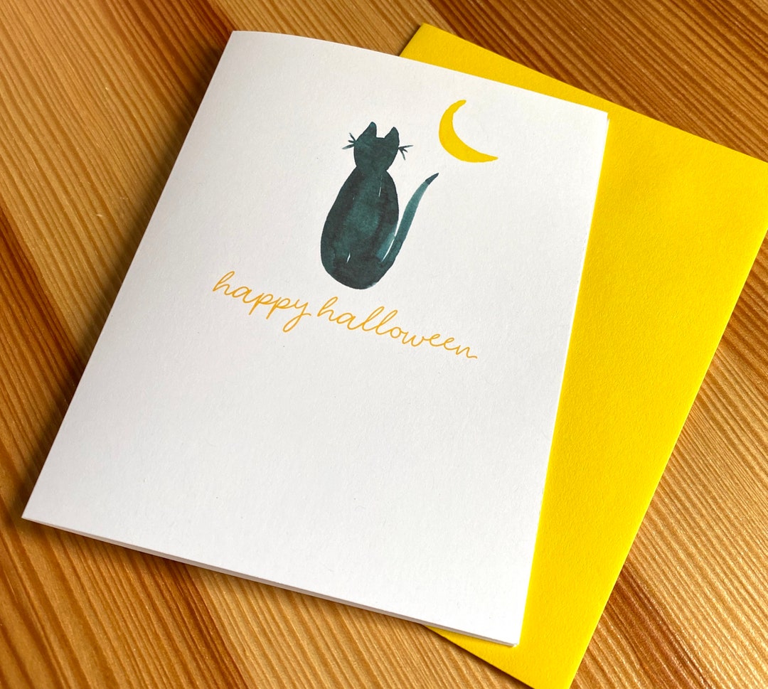 Happy Halloween Greeting Card - Watercolor Black Cat and Moon Note Card ...